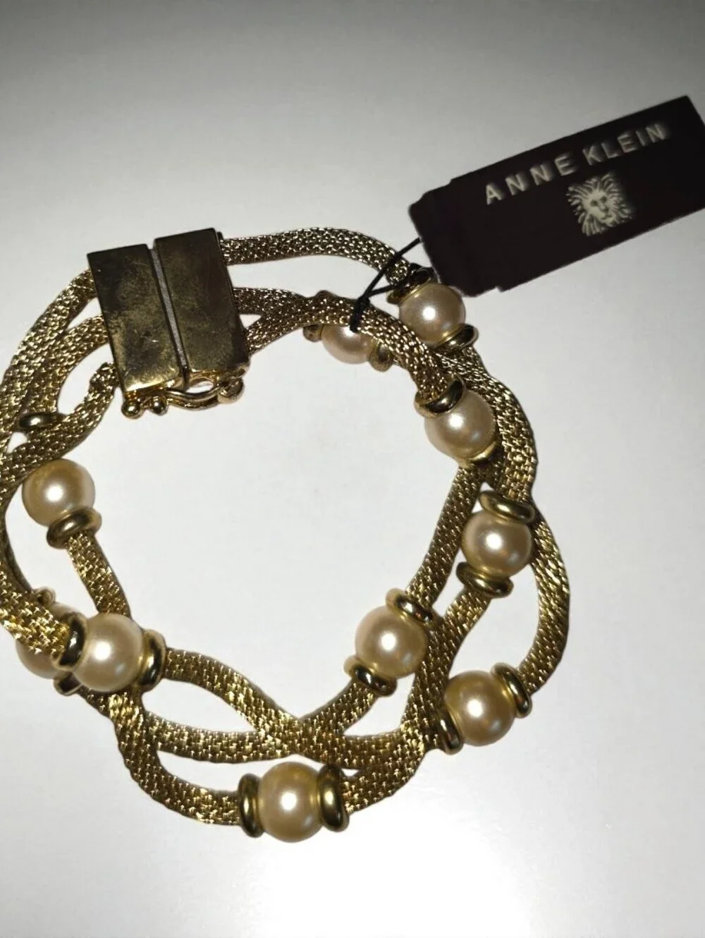 Anne Klein Vtg Gold Multi Strand Faux Pearl Bracelet Magnetic Clasp NWT Elegant